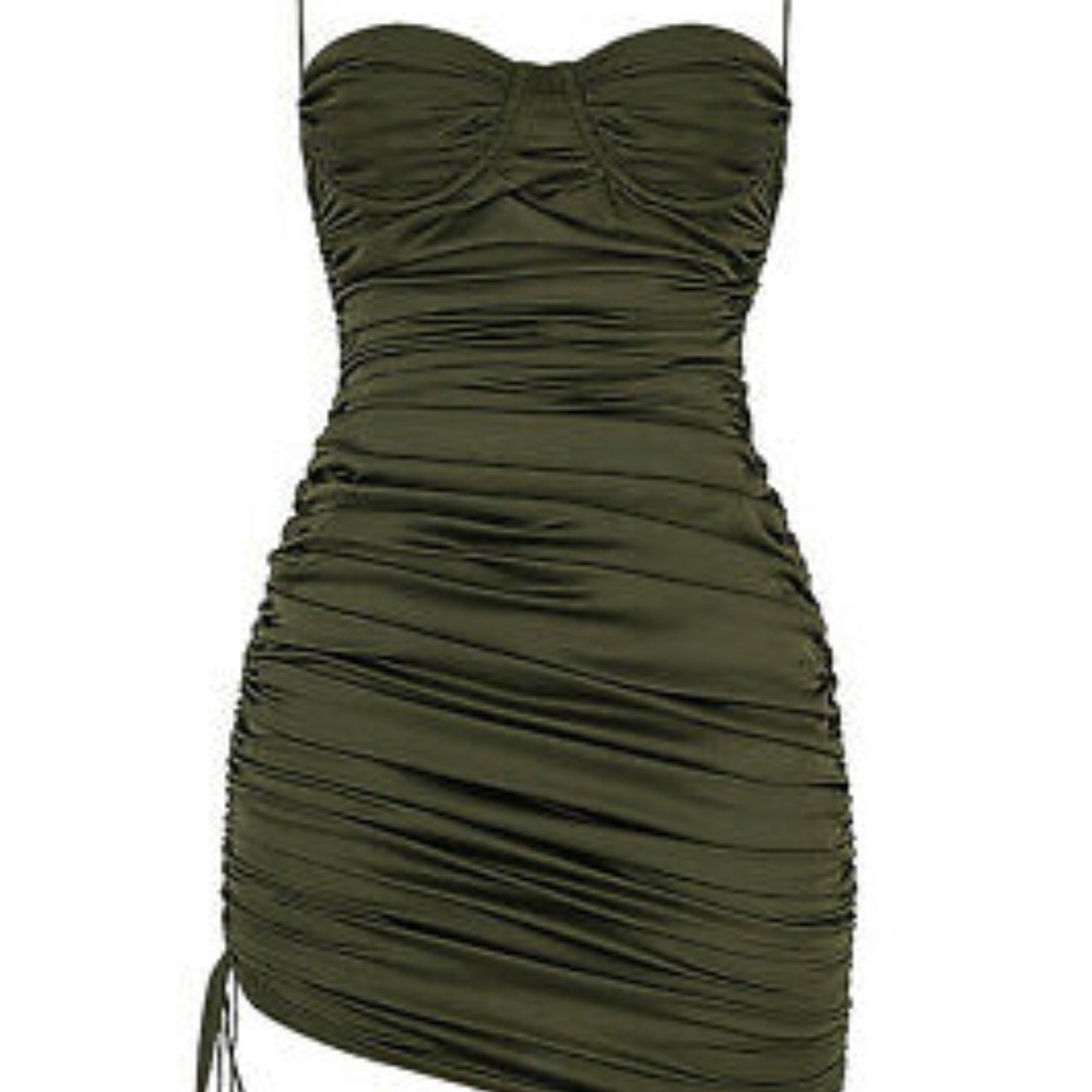 'Afterglow' Olive Asymmetric Ruched Mini Dress XS